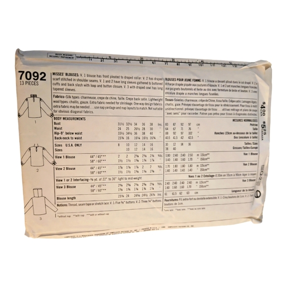 UNCUT Simplicity Long Sleeve Blouse Pattern #7092 (3 Variations) Women's Size 10 - Picture 2 of 2